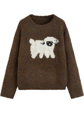 Cozy Oversized Wool Blend Sweater for Women | Cute Sheep Pattern Pullover